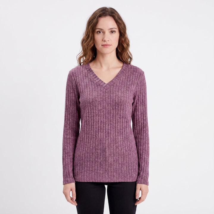 Women's Ribbed V-Neck Sweater Long Sleeve Soft Knit Pullover Casual Jumper