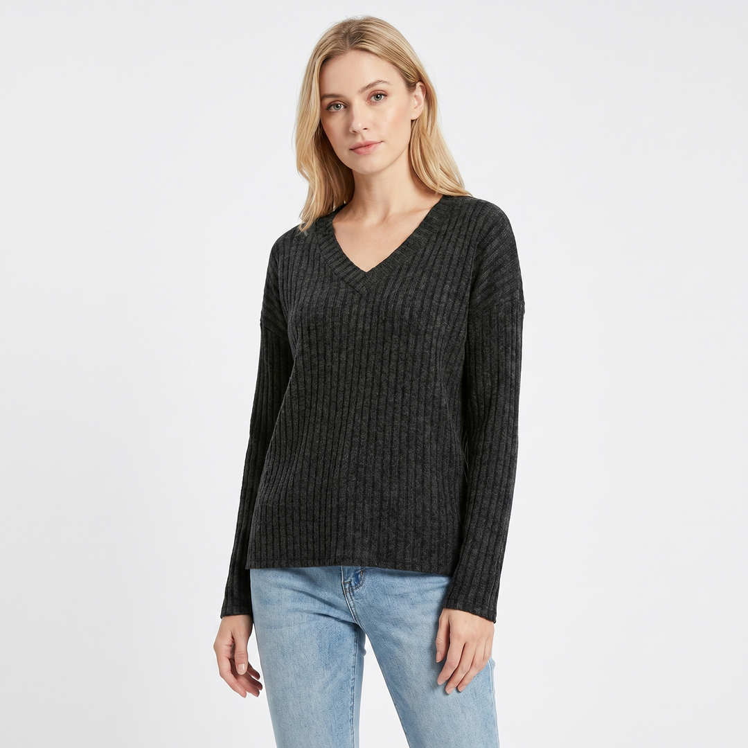 Women's Ribbed V-Neck Sweater Long Sleeve Soft Knit Pullover Casual Jumper
