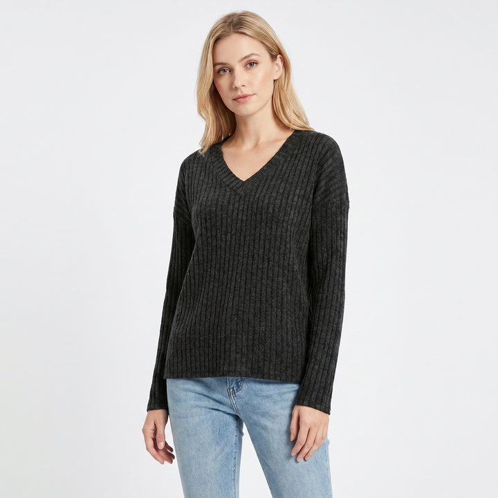 Women's Ribbed V-Neck Sweater Long Sleeve Soft Knit Pullover Casual Jumper