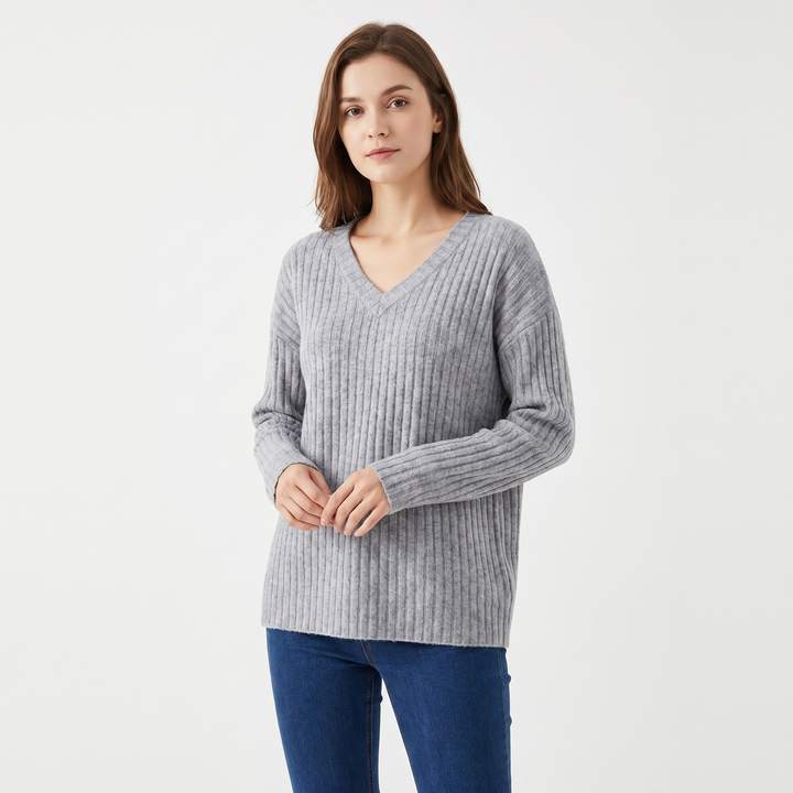 Women's Ribbed V-Neck Sweater Long Sleeve Soft Knit Pullover Casual Jumper
