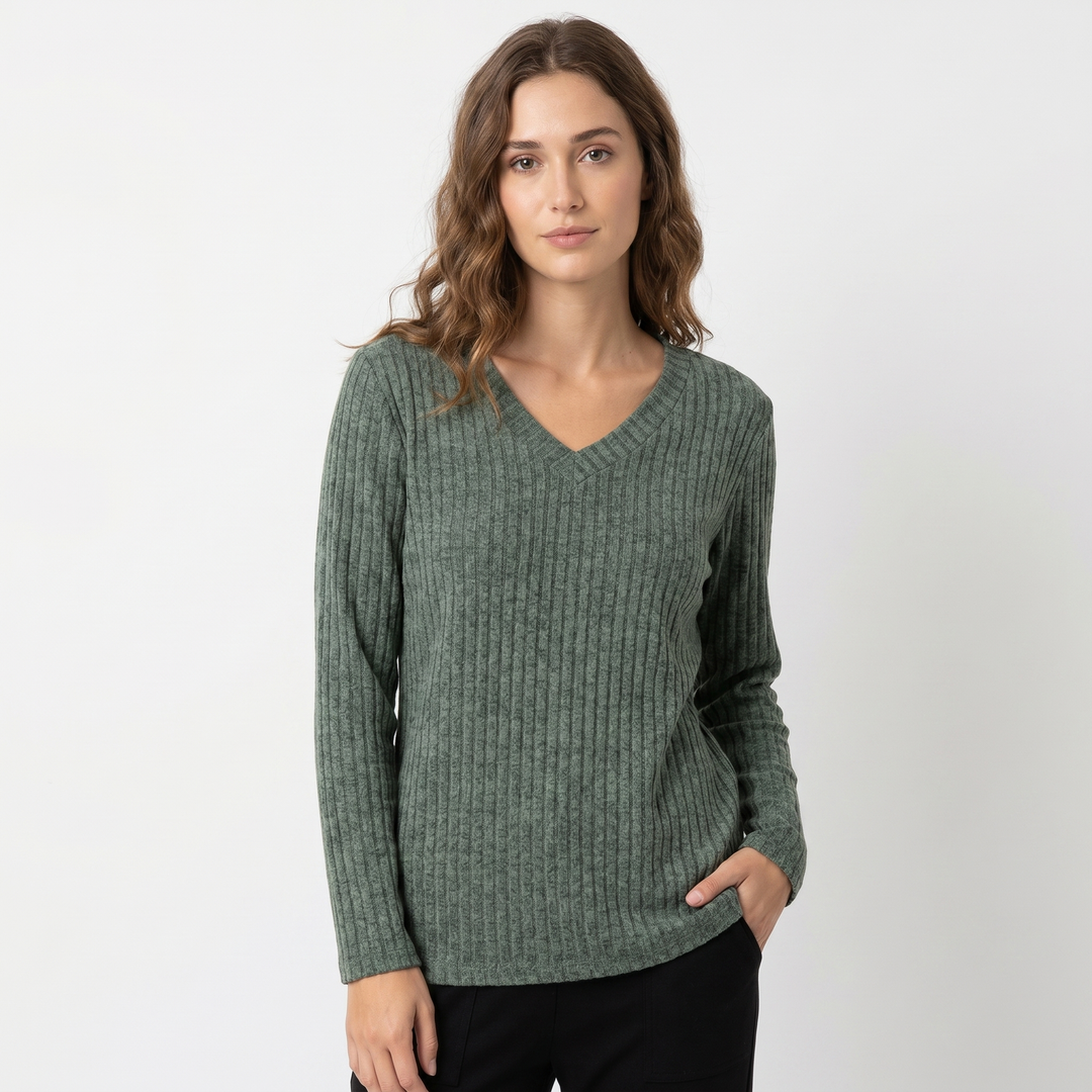 Women's Ribbed V-Neck Sweater Long Sleeve Soft Knit Pullover Casual Jumper