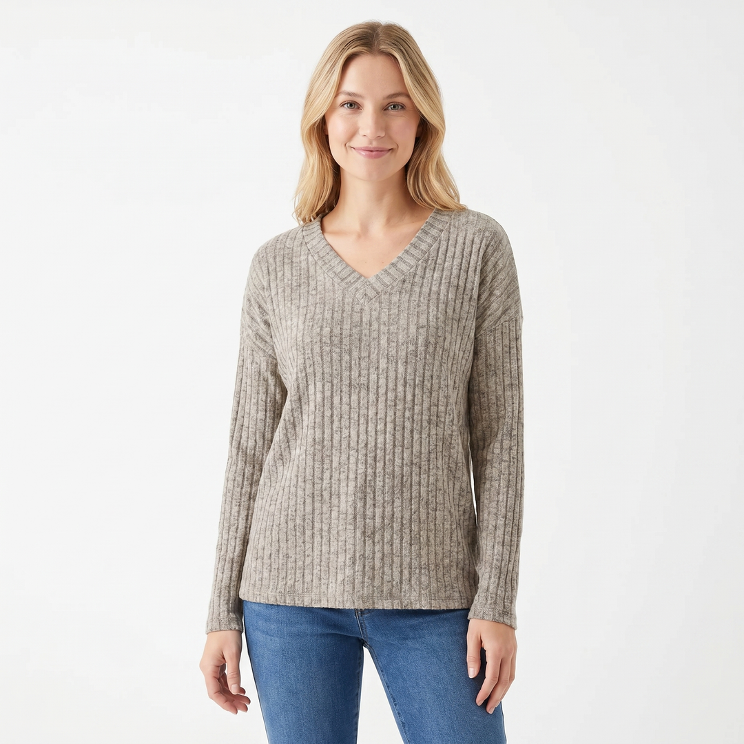 Women's Ribbed V-Neck Sweater Long Sleeve Soft Knit Pullover Casual Jumper