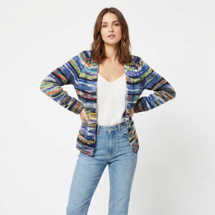 Women's Multicolour Space Dye Cardigan Open Front Fluffy Chunky Knit Sweater