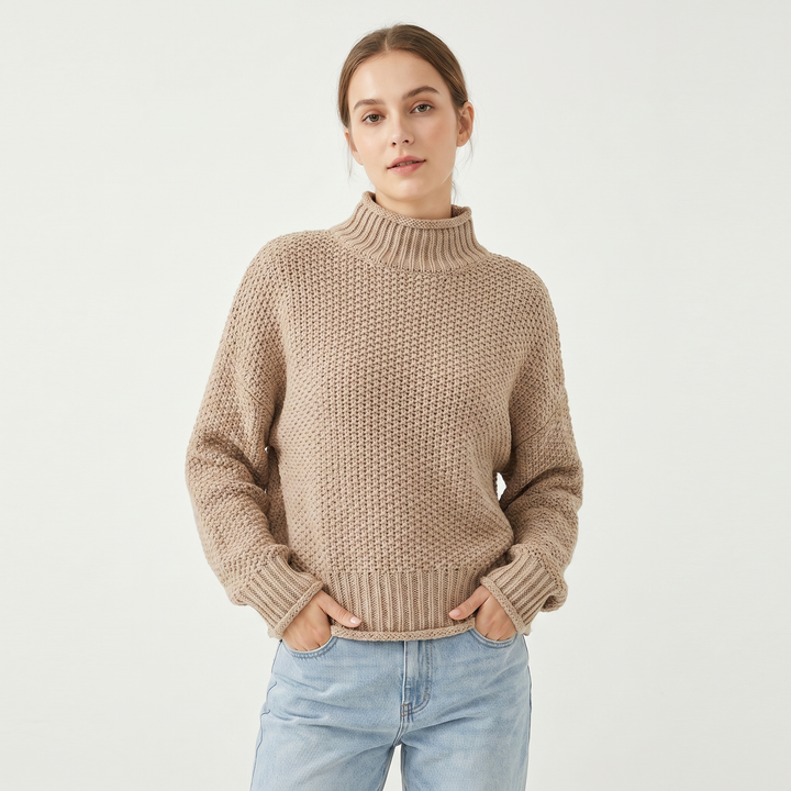 Women's Chunky Knit Mock Neck Sweater Oversized Waffle Stitch Pullover Jumper