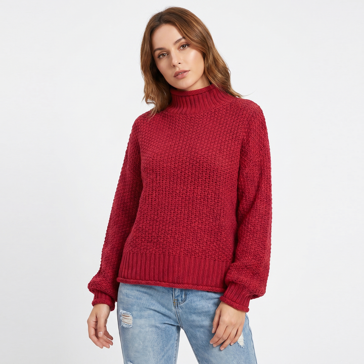 Women's Chunky Knit Mock Neck Sweater Oversized Waffle Stitch Pullover Jumper
