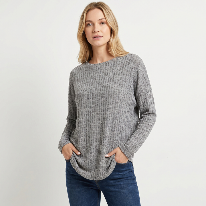 Women's Chenille Waffle Knit Top Boat Neck Long Sleeve Relaxed Curved Hem Pullover