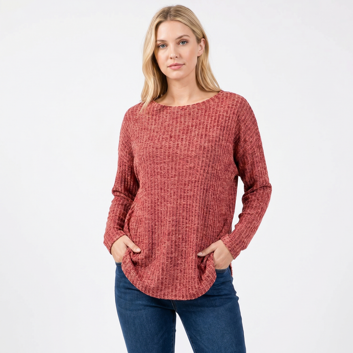 Women's Chenille Waffle Knit Top Boat Neck Long Sleeve Relaxed Curved Hem Pullover