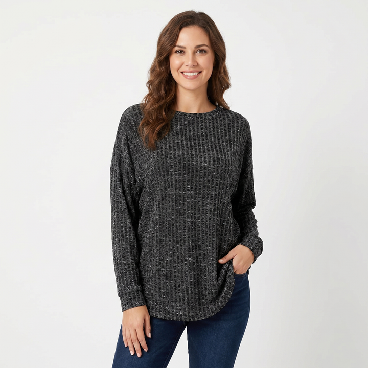 Women's Chenille Waffle Knit Top Boat Neck Long Sleeve Relaxed Curved Hem Pullover