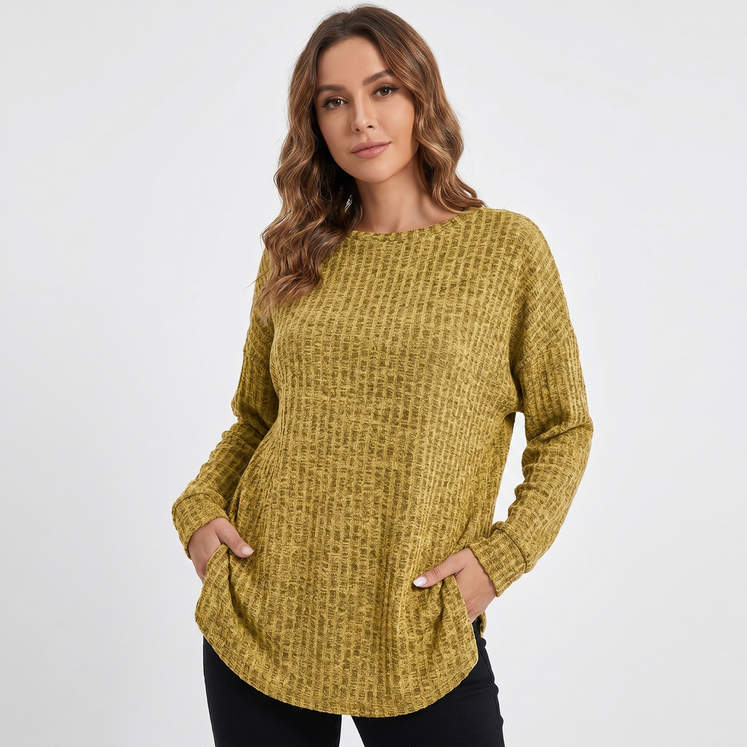 Women's Chenille Waffle Knit Top Boat Neck Long Sleeve Relaxed Curved Hem Pullover