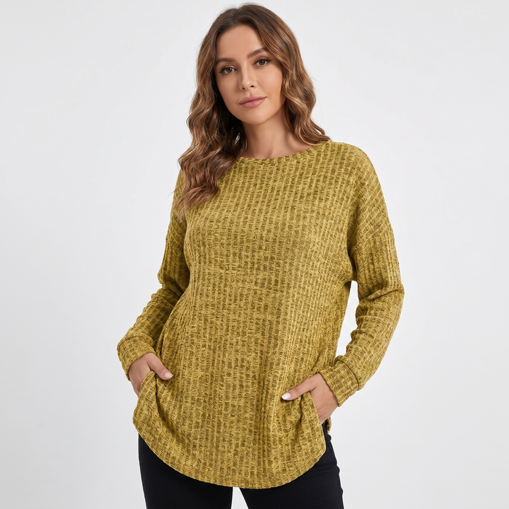 Women's Chenille Waffle Knit Top Boat Neck Long Sleeve Relaxed Curved Hem Pullover