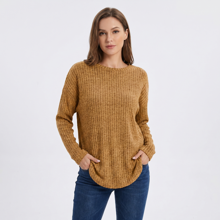 Women's Chenille Waffle Knit Top Boat Neck Long Sleeve Relaxed Curved Hem Pullover