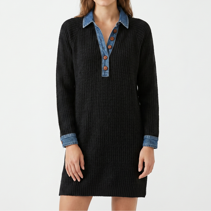 Women's Knit Button Placket Long Sleeve Mini Dress