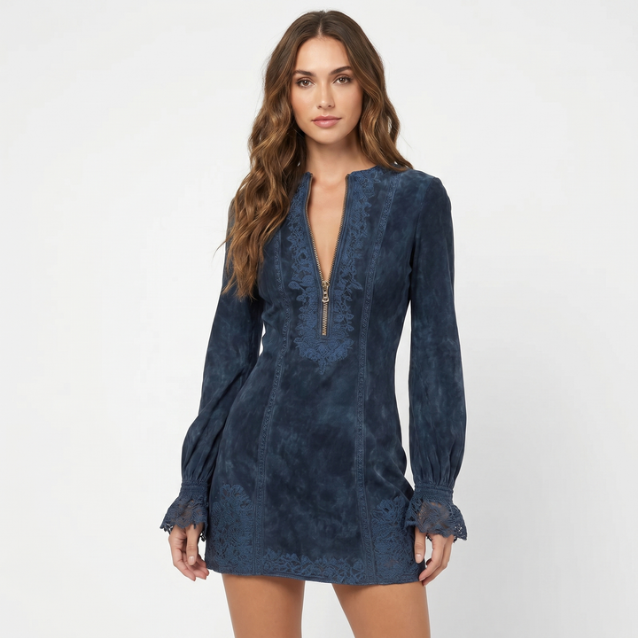 Women's Boho Mini Dress Lace Embroidery Deep V Neck Gold Zip Long Sleeve Party