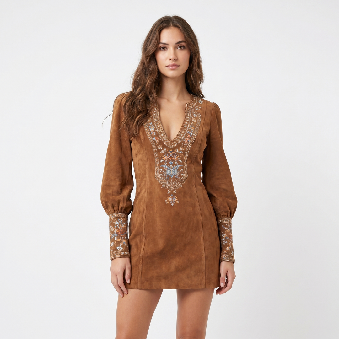 Women's Boho Mini Dress Lace Embroidery Deep V Neck Gold Zip Long Sleeve Party