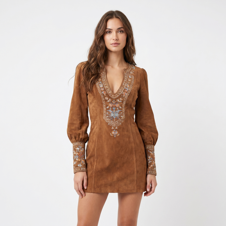 Women's Boho Mini Dress Lace Embroidery Deep V Neck Gold Zip Long Sleeve Party