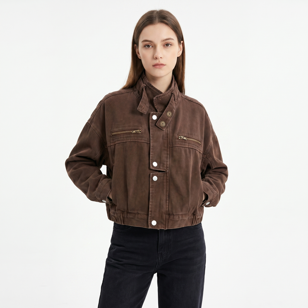 Women's Washed Cotton Utility Jacket Cropped Stand Collar Zip Snap Button Casual