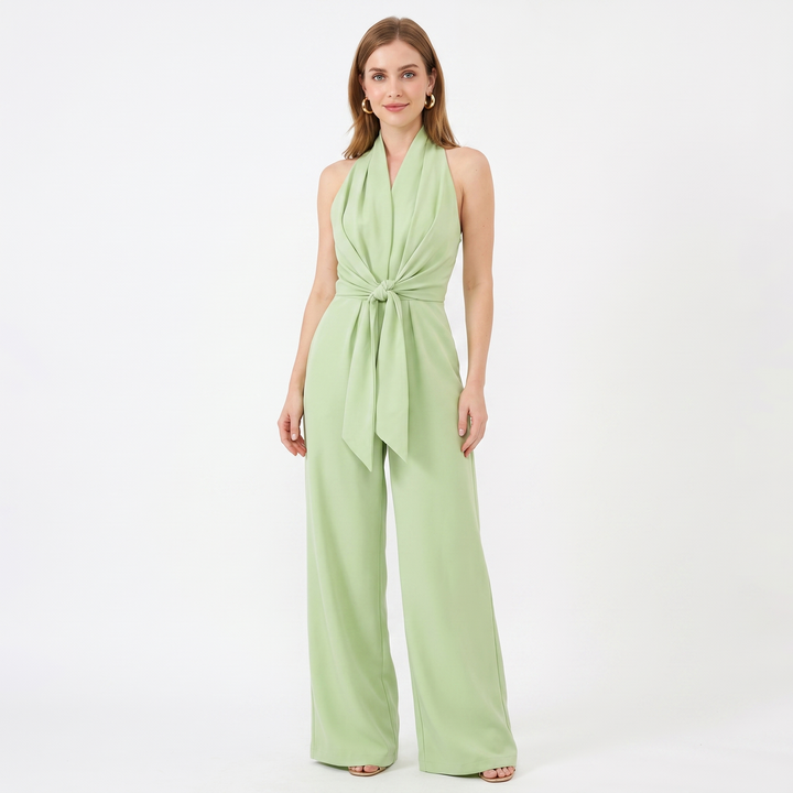 Women's Wide-Leg Halter Jumpsuit Tie-Waist Elegant Evening One-Piece