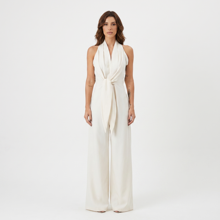 Women's Wide-Leg Halter Jumpsuit Tie-Waist Elegant Evening One-Piece