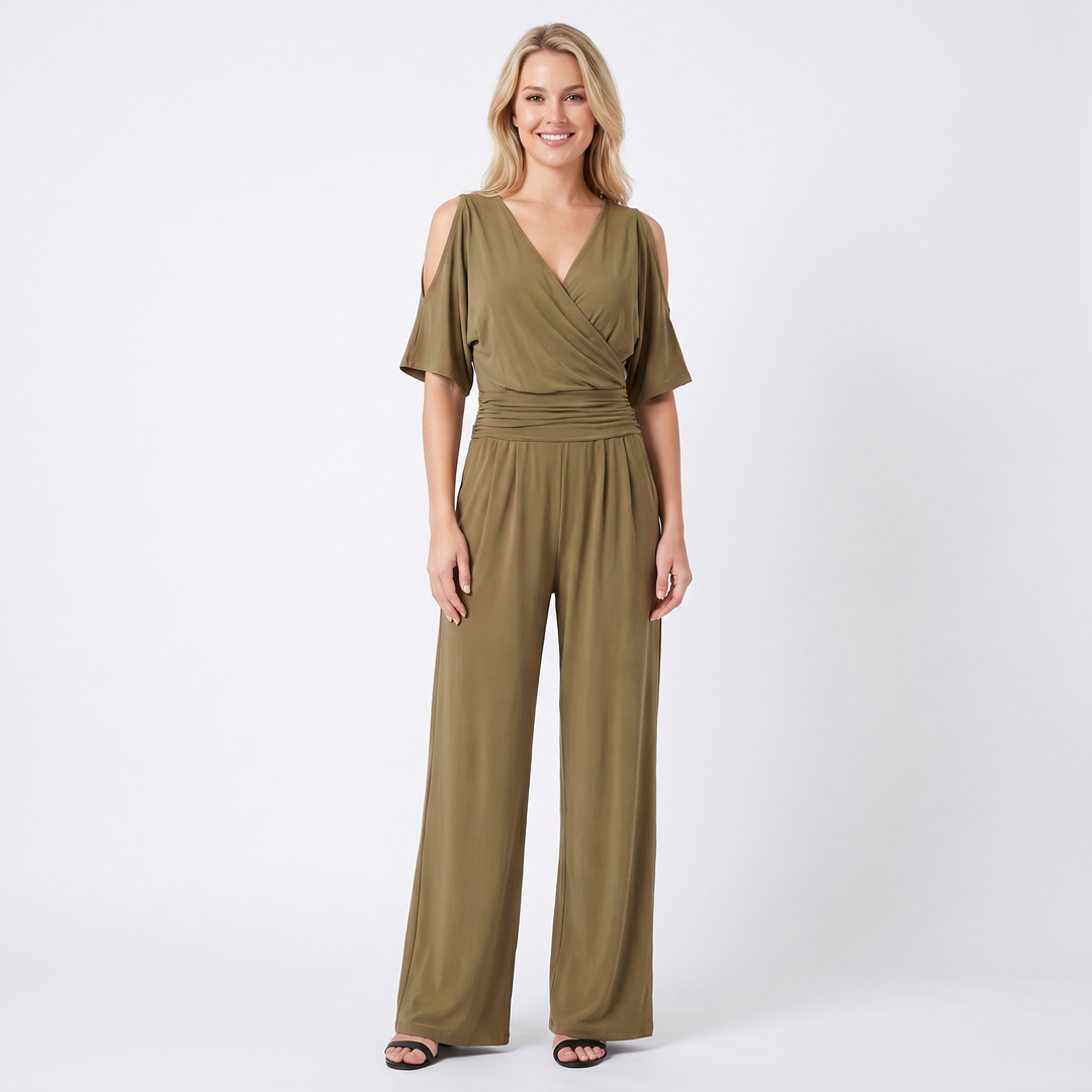 Women's V-Neck Wide-Leg Jumpsuit Ruched Waist Batwing Sleeve Elegant One-Piece
