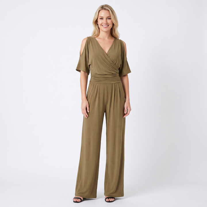 Women's V-Neck Wide-Leg Jumpsuit Ruched Waist Batwing Sleeve Elegant One-Piece