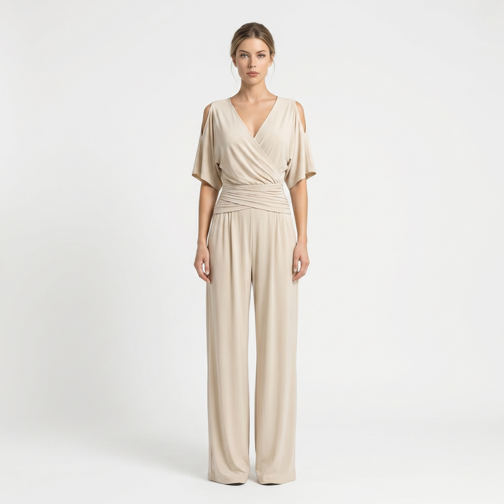 Women's V-Neck Wide-Leg Jumpsuit Ruched Waist Batwing Sleeve Elegant One-Piece