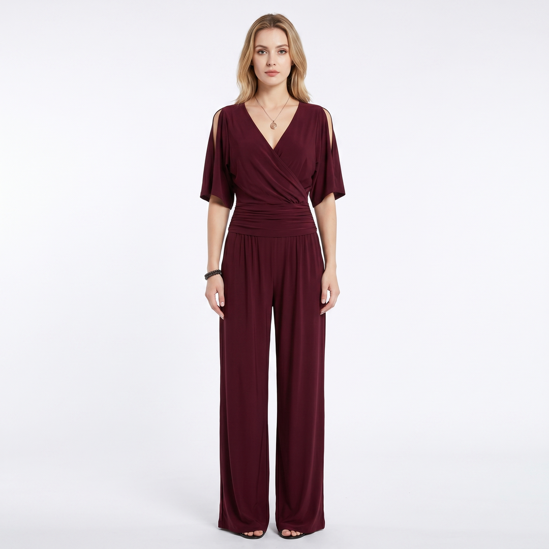 Women's V-Neck Wide-Leg Jumpsuit Ruched Waist Batwing Sleeve Elegant One-Piece