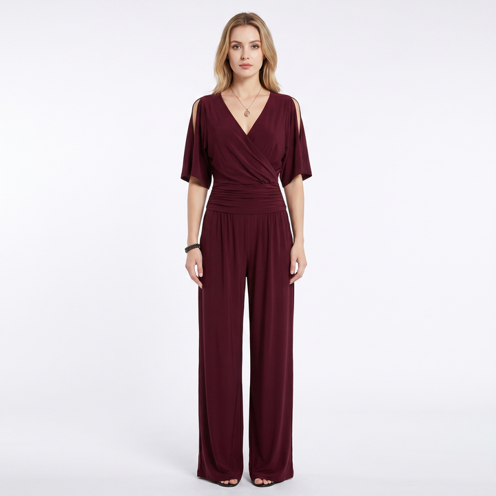 Women's V-Neck Wide-Leg Jumpsuit Ruched Waist Batwing Sleeve Elegant One-Piece
