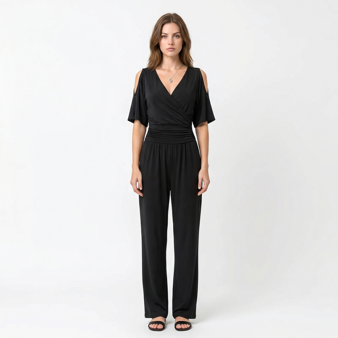 Women's V-Neck Wide-Leg Jumpsuit Ruched Waist Batwing Sleeve Elegant One-Piece