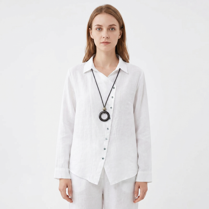 Women's Cotton Linen Long-Sleeve Shirt Loose Casual Button-Down Blouse