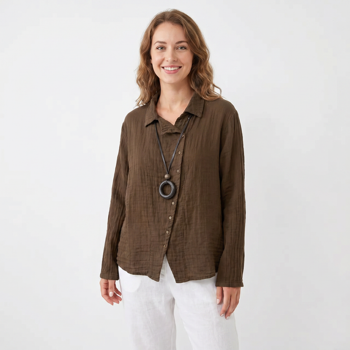 Women's Cotton Linen Long-Sleeve Shirt Loose Casual Button-Down Blouse