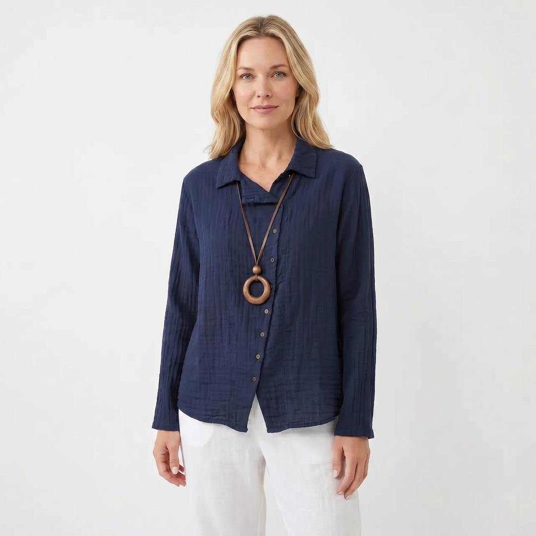 Women's Cotton Linen Long-Sleeve Shirt Loose Casual Button-Down Blouse