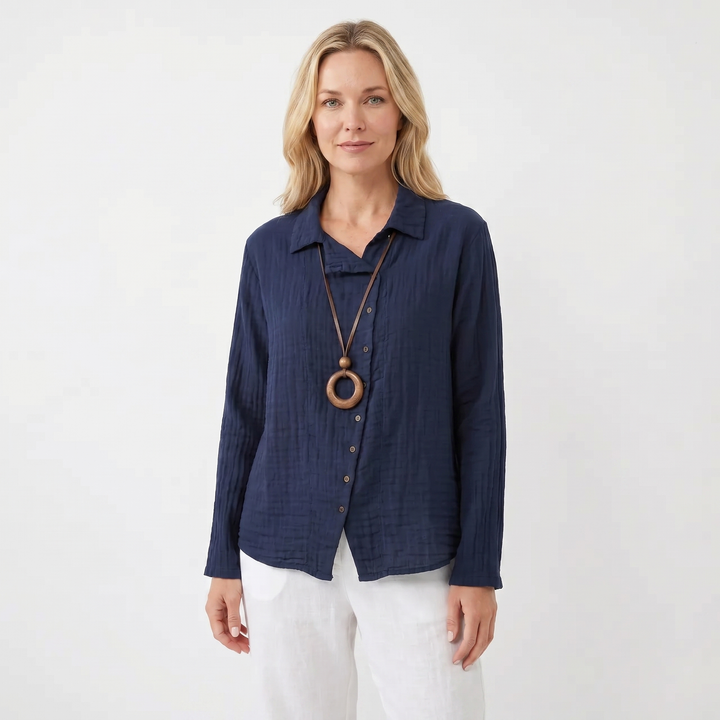 Women's Cotton Linen Long-Sleeve Shirt Loose Casual Button-Down Blouse