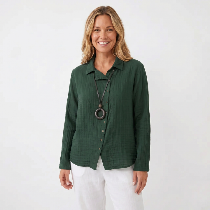 Women's Cotton Linen Long-Sleeve Shirt Loose Casual Button-Down Blouse