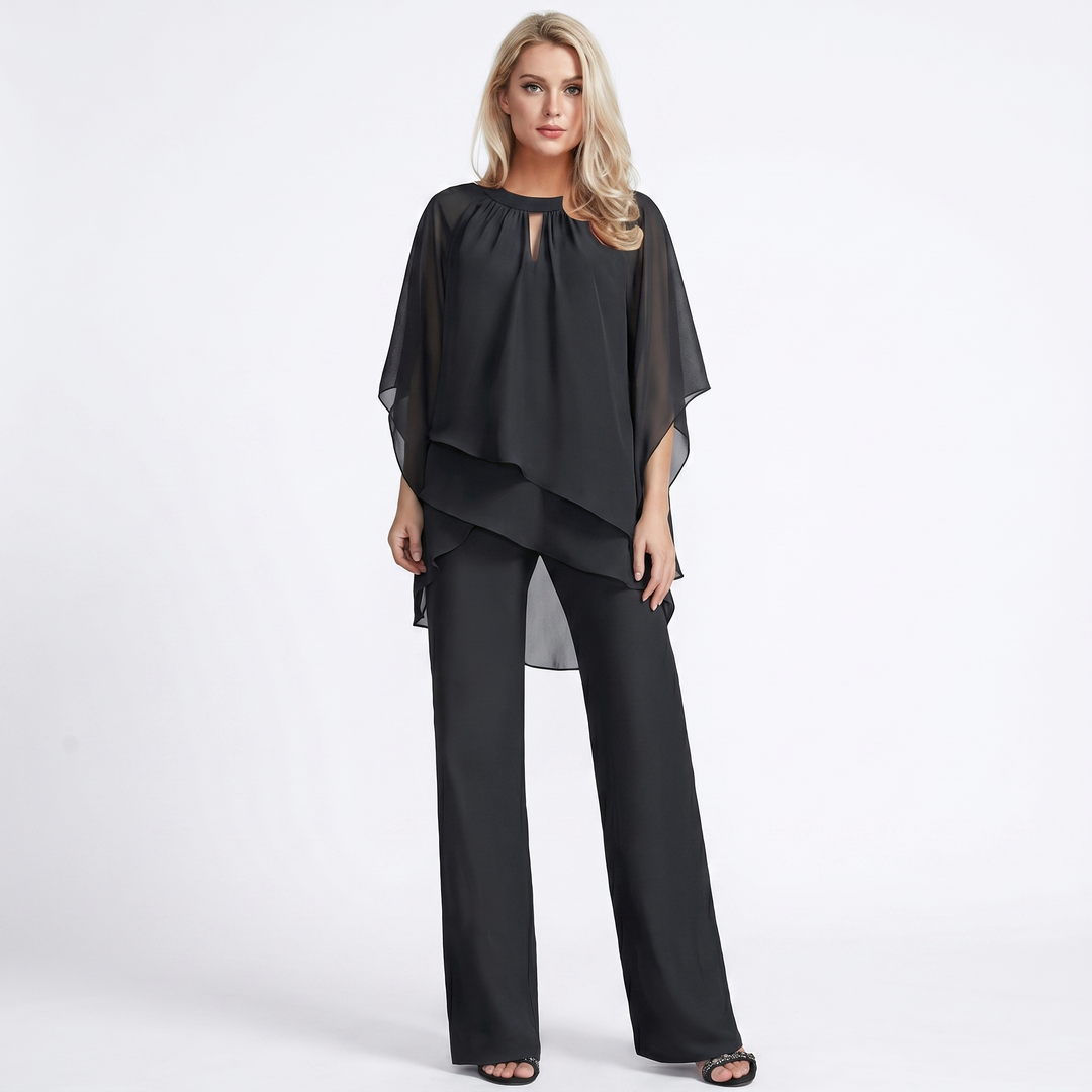 Women's Chiffon Layered Top and Wide-Leg Trousers Set Elegant Evening Two-Piece