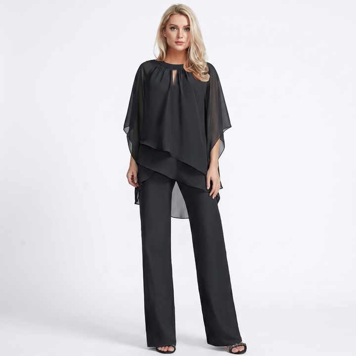 Women's Chiffon Layered Top and Wide-Leg Trousers Set Elegant Evening Two-Piece
