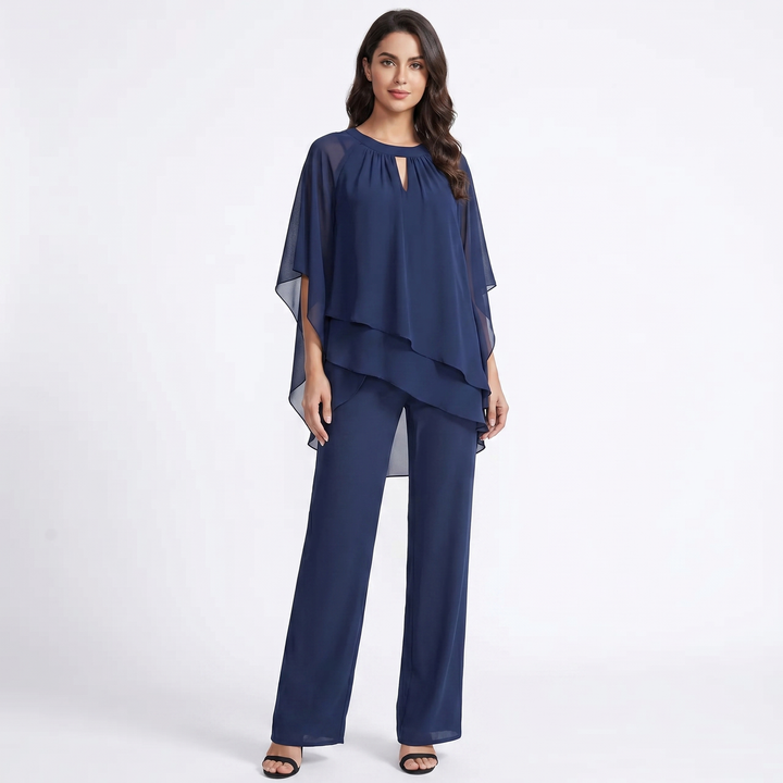 Women's Chiffon Layered Top and Wide-Leg Trousers Set Elegant Evening Two-Piece