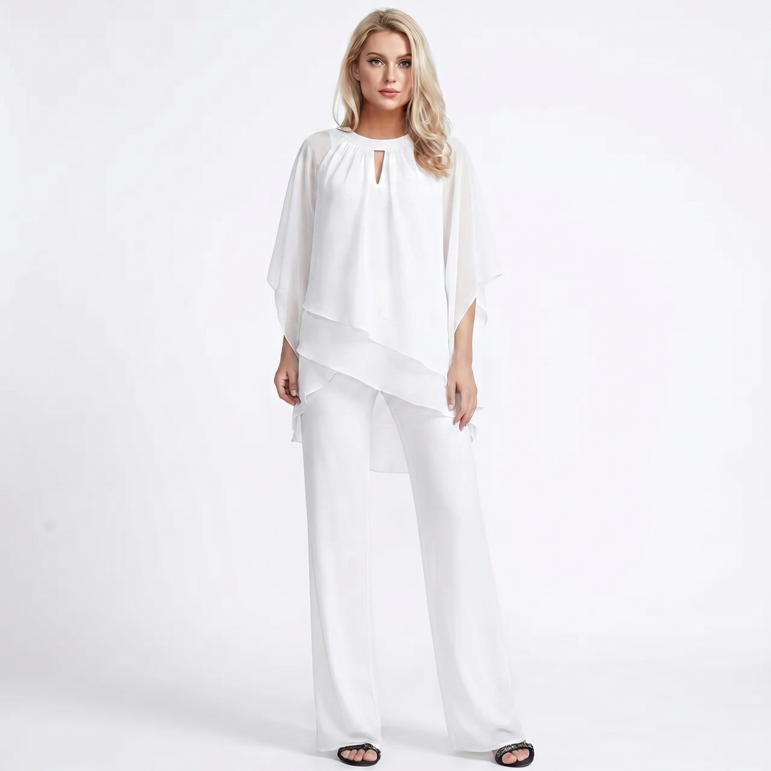 Women's Chiffon Layered Top and Wide-Leg Trousers Set Elegant Evening Two-Piece
