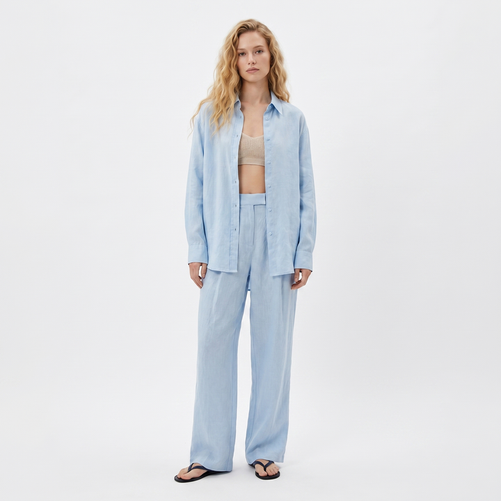 Women's Linen Oversized Shirt and Wide-Leg Trousers Set Casual Two-Piece Co-ord