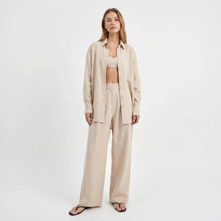 Women's Linen Oversized Shirt and Wide-Leg Trousers Set Casual Two-Piece Co-ord