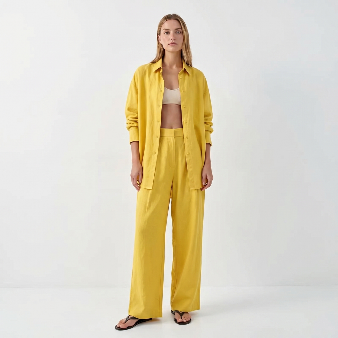 Women's Linen Oversized Shirt and Wide-Leg Trousers Set Casual Two-Piece Co-ord