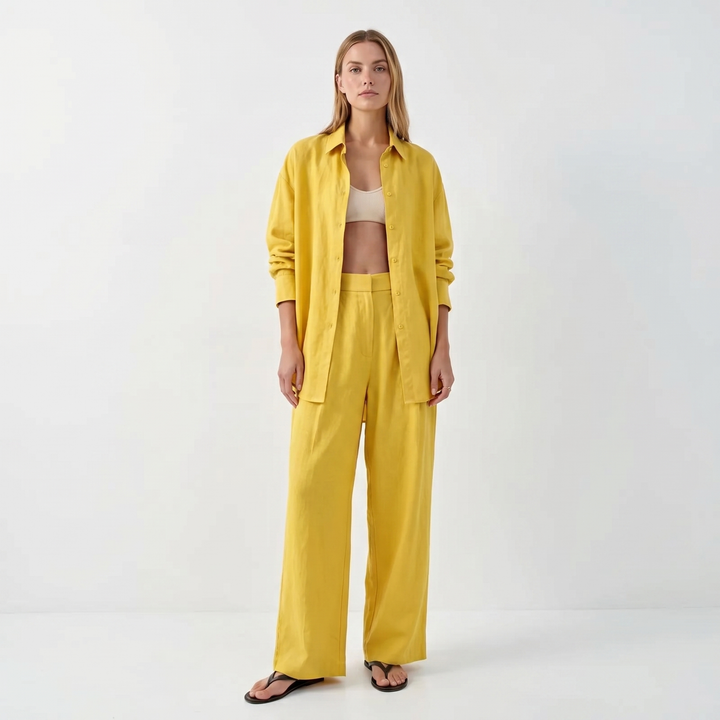 Women's Linen Oversized Shirt and Wide-Leg Trousers Set Casual Two-Piece Co-ord