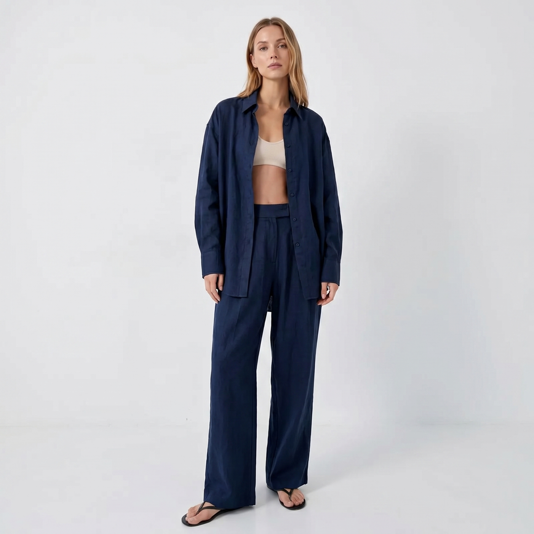 Women's Linen Oversized Shirt and Wide-Leg Trousers Set Casual Two-Piece Co-ord