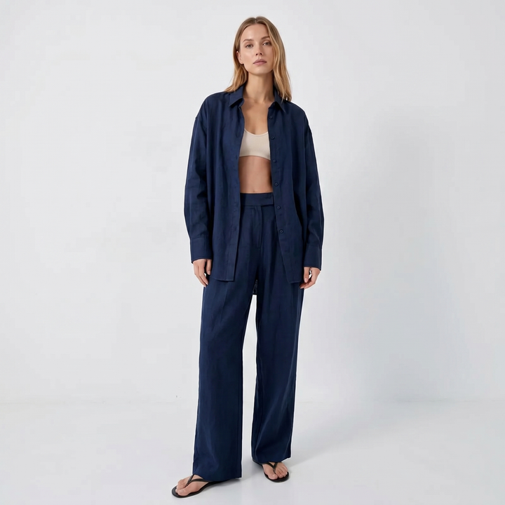 Women's Linen Oversized Shirt and Wide-Leg Trousers Set Casual Two-Piece Co-ord