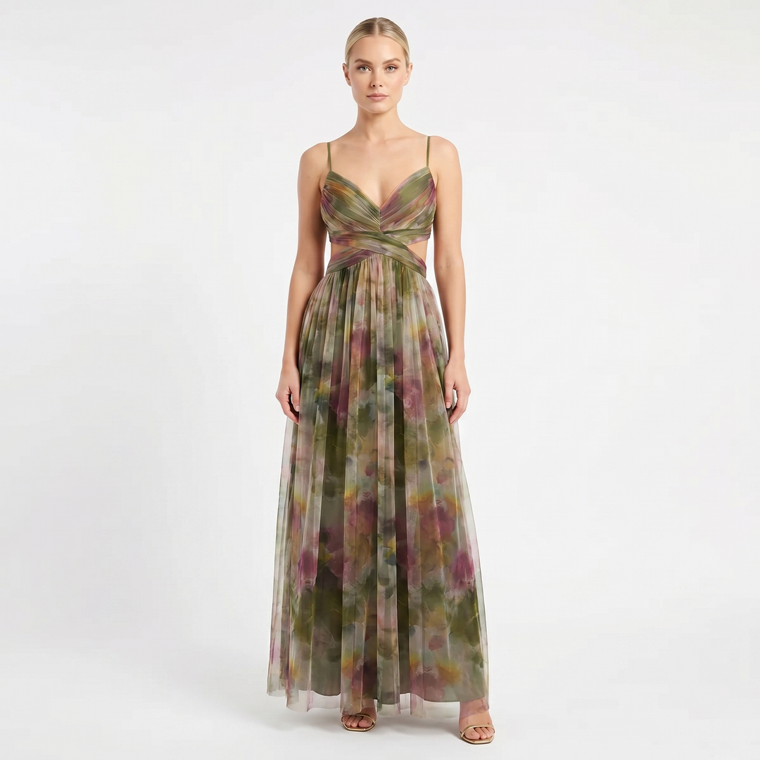 Women's Floral Print Tulle Maxi Dress V-Neck Spaghetti Strap Formal Gown