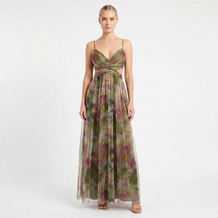 Women's Floral Print Tulle Maxi Dress V-Neck Spaghetti Strap Formal Gown