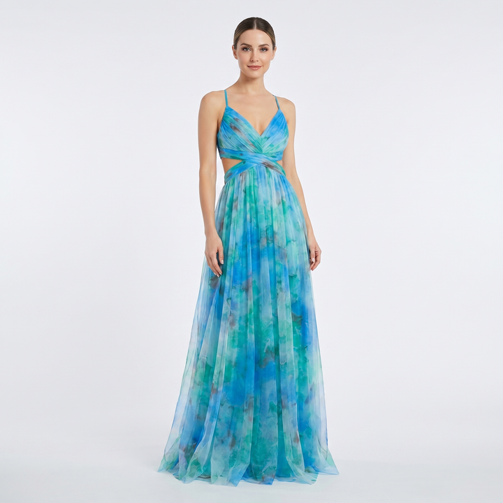 Women's Floral Print Tulle Maxi Dress V-Neck Spaghetti Strap Formal Gown