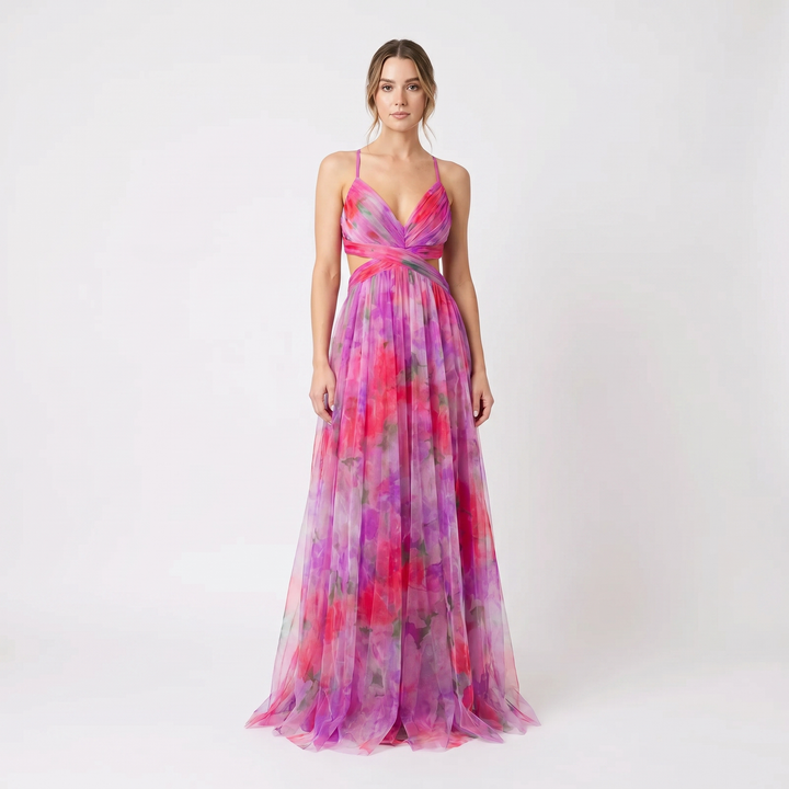 Women's Floral Print Tulle Maxi Dress V-Neck Spaghetti Strap Formal Gown