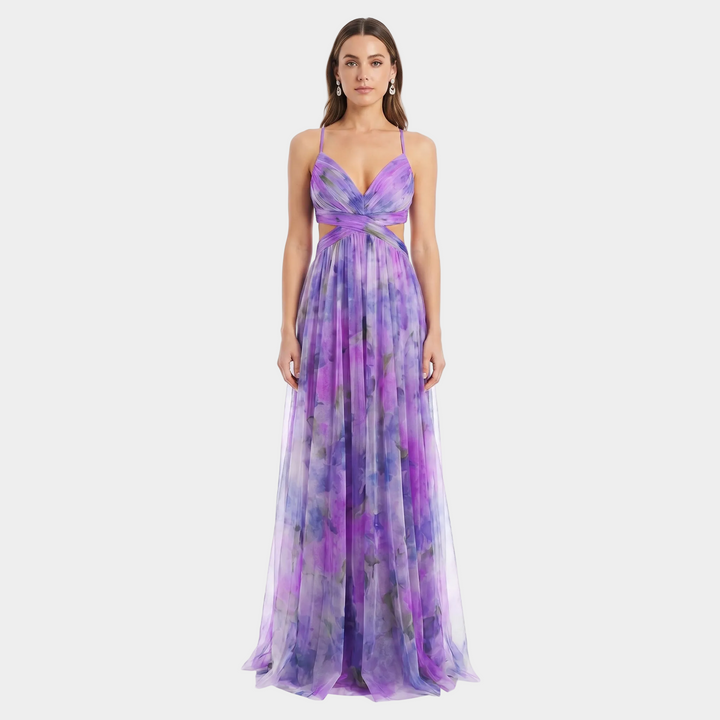 Women's Floral Print Tulle Maxi Dress V-Neck Spaghetti Strap Formal Gown