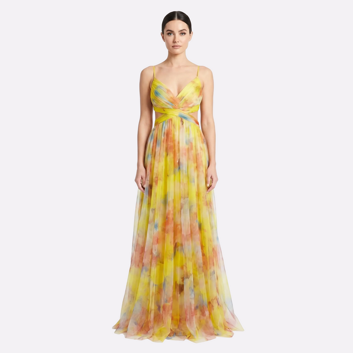 Women's Floral Print Tulle Maxi Dress V-Neck Spaghetti Strap Formal Gown