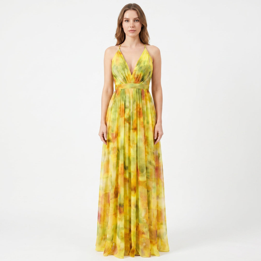 Women's Floral Print Tulle Maxi Dress V-Neck Spaghetti Strap Formal Gown